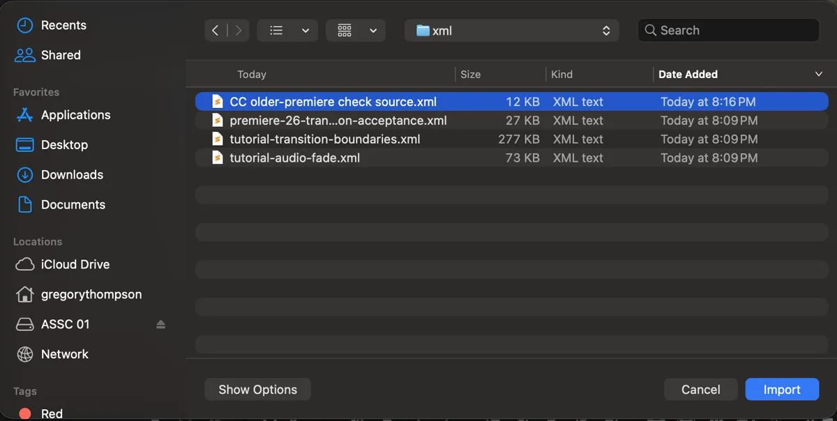 The File > Import dialog in Premiere Pro 26 with a converted .xml selected