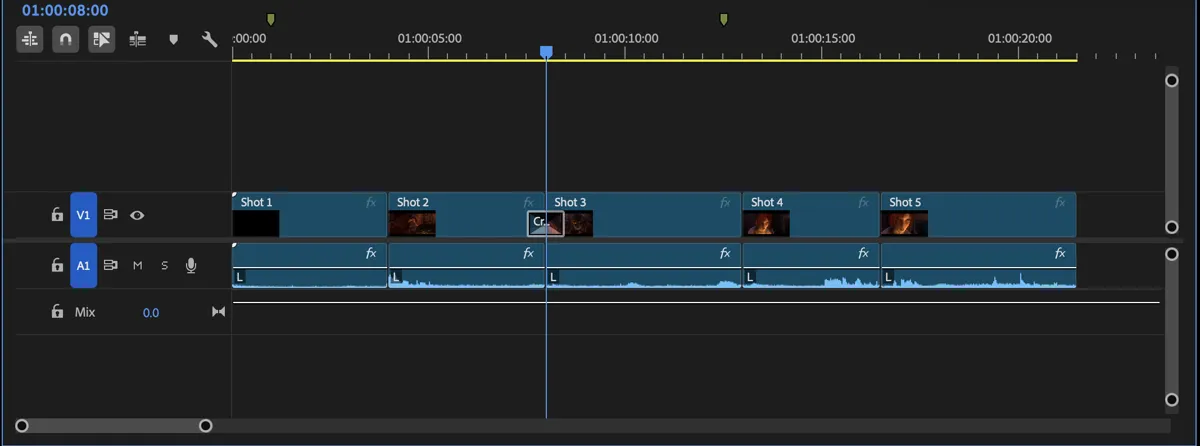 The imported sequence in the Premiere Pro 26 timeline: five shots, a cross dissolve and two markers, media online