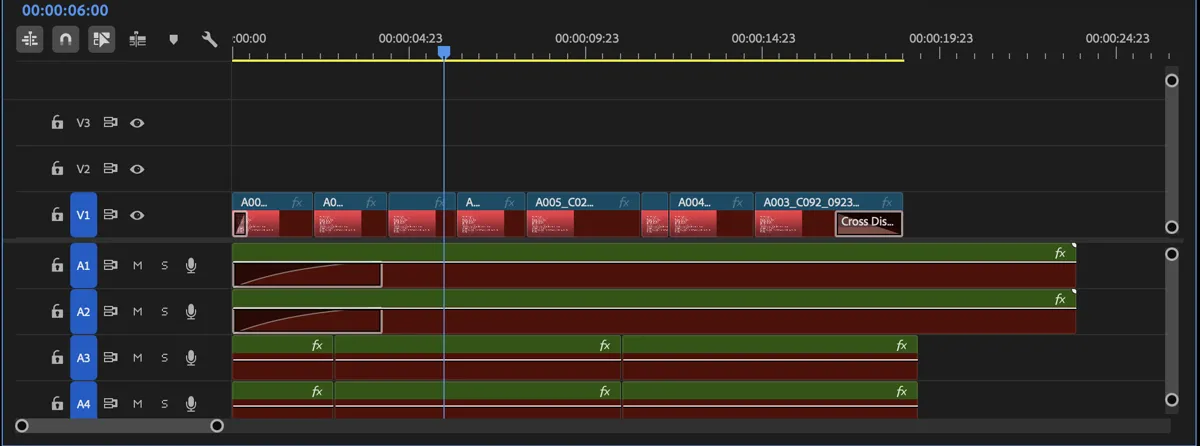 A Premiere Pro CC 2017 tutorial sequence imported into Premiere Pro 26 from XML, with the music fade-in on the audio tracks